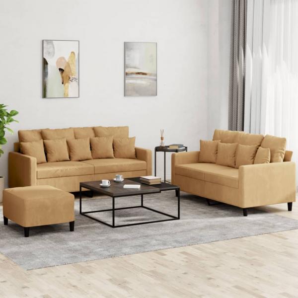 ARDEBO.de - 3-tlg. Sofagarnitur mit Kissen Braun Samt