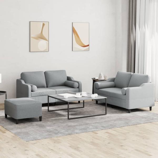 ARDEBO.de - 3-tlg. Sofagarnitur mit Kissen Hellgrau Stoff