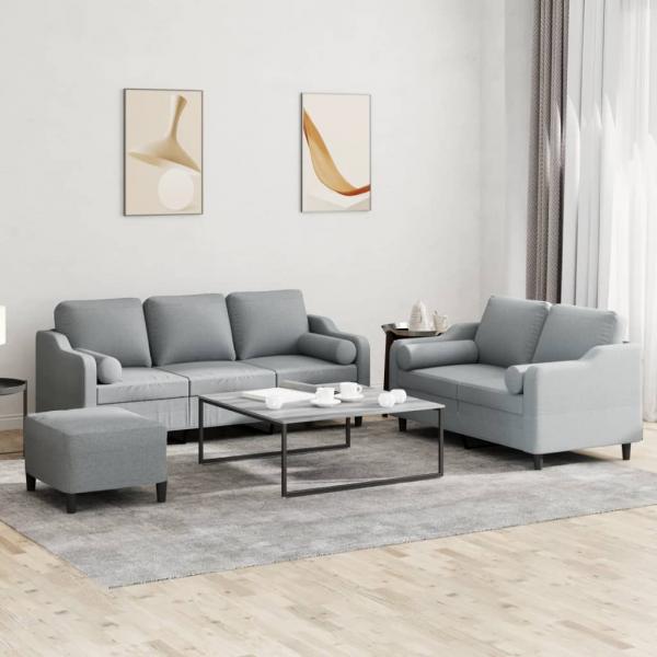 ARDEBO.de - 3-tlg. Sofagarnitur mit Kissen Hellgrau Stoff