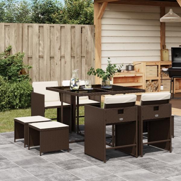 ARDEBO.de - 9-tlg. Garten-Essgruppe mit Kissen Braun Poly Rattan