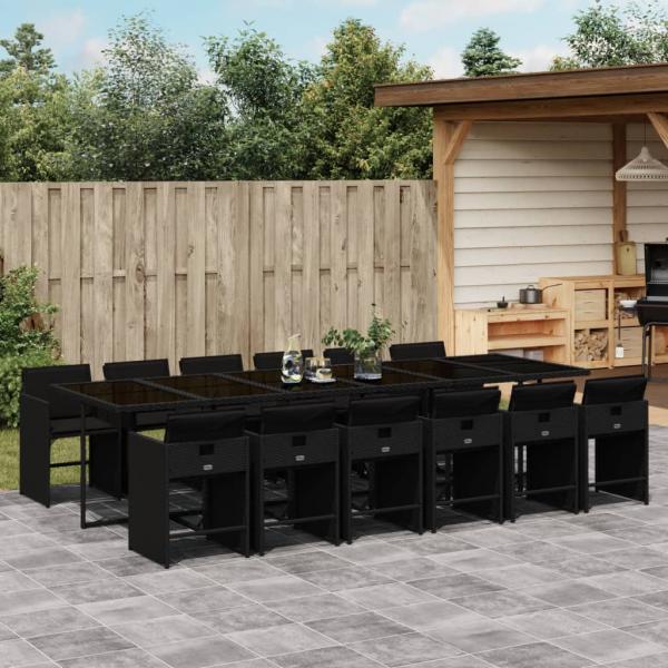 ARDEBO.de - 13-tlg. Garten-Essgruppe mit Kissen Schwarz Poly Rattan