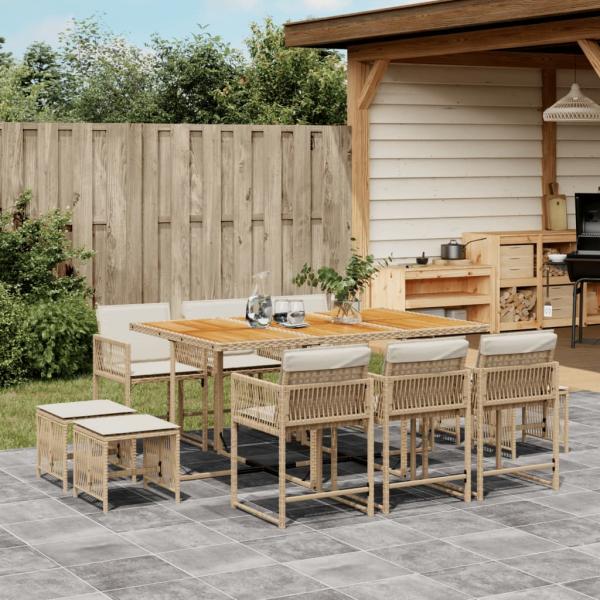 ARDEBO.de - 11-tlg. Garten-Essgruppe mit Kissen Beige Poly Rattan