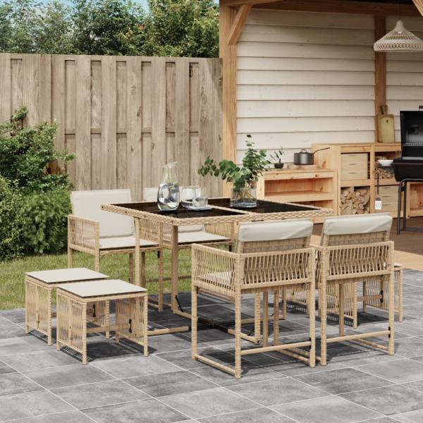 ARDEBO.de - 9-tlg. Garten-Essgruppe mit Kissen Beige Poly Rattan