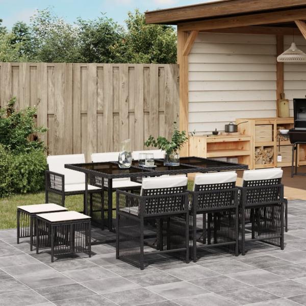 ARDEBO.de - 11-tlg. Garten-Essgruppe mit Kissen Schwarz Poly Rattan