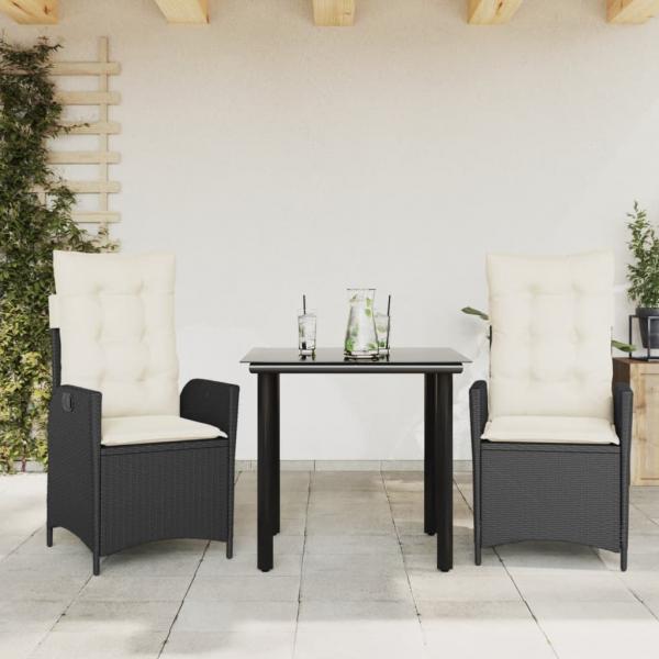 ARDEBO.de - 3-tlg. Garten-Essgruppe mit Kissen Schwarz Poly Rattan