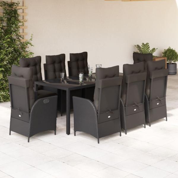 ARDEBO.de - 9-tlg. Garten-Essgruppe mit Kissen Schwarz Poly Rattan