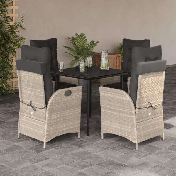 ARDEBO.de - 5-tlg. Garten-Essgruppe mit Kissen Hellgrau Poly Rattan