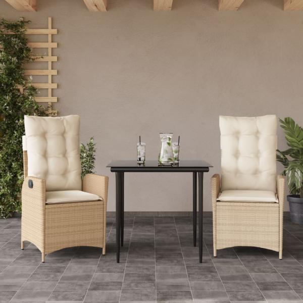 ARDEBO.de - 3-tlg. Garten-Essgruppe mit Kissen Beige Poly Rattan