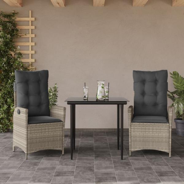 ARDEBO.de - 3-tlg. Garten-Essgruppe mit Kissen Hellgrau Poly Rattan