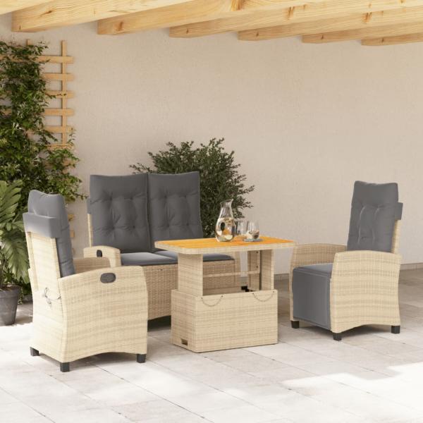 ARDEBO.de - 4-tlg. Garten-Essgruppe mit Kissen Beige Poly Rattan