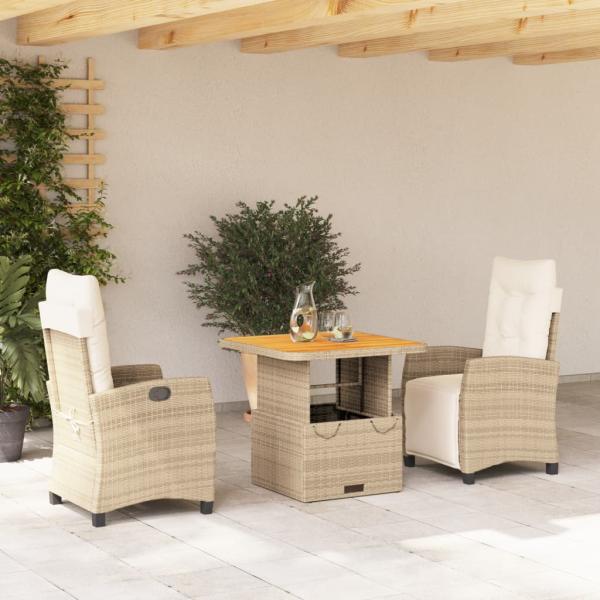 ARDEBO.de - 3-tlg. Garten-Essgruppe mit Kissen Beige Poly Rattan