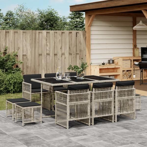 ARDEBO.de - 11-tlg. Garten-Essgruppe mit Kissen Hellgrau Poly Rattan