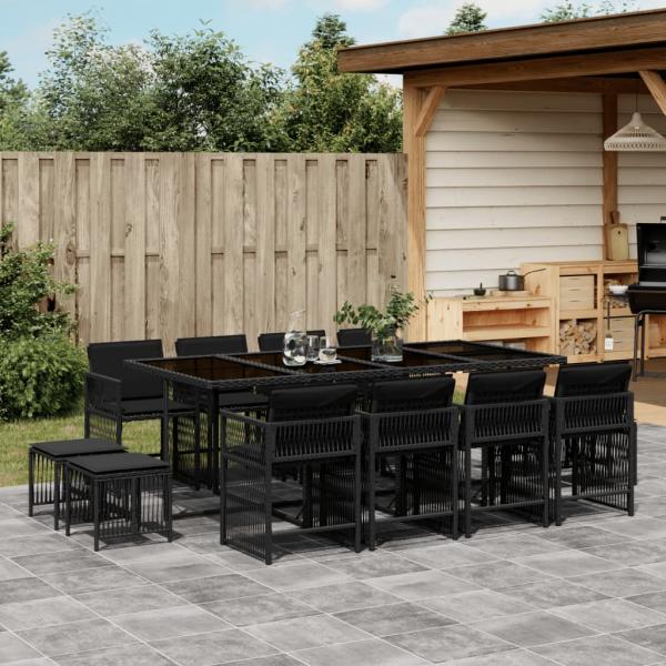 ARDEBO.de - 13-tlg. Garten-Essgruppe mit Kissen Schwarz Poly Rattan