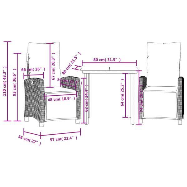 3-tlg. Garten-Essgruppe mit Kissen Beigemischung Poly Rattan