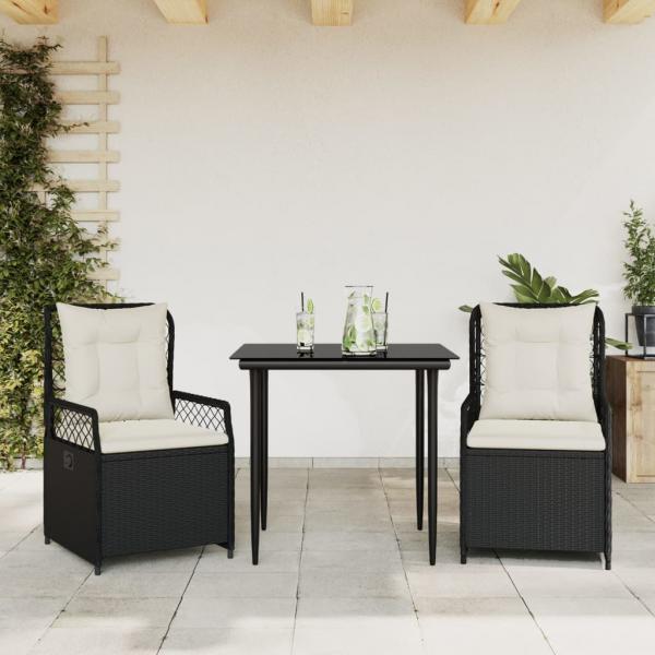 ARDEBO.de - 3-tlg. Garten-Essgruppe mit Kissen Schwarz Poly Rattan