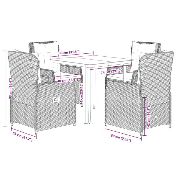 5-tlg. Garten-Essgruppe mit Kissen Schwarz Poly Rattan