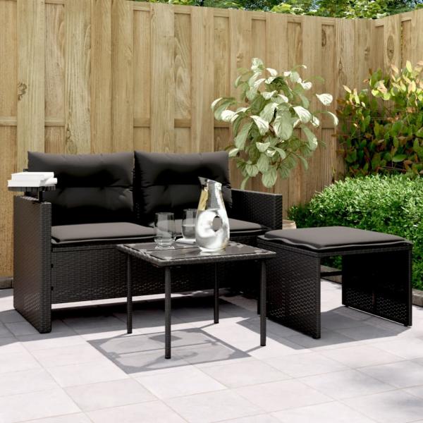 ARDEBO.de - 3-tlg. Garten-Sofagarnitur mit Kissen Schwarz Poly Rattan