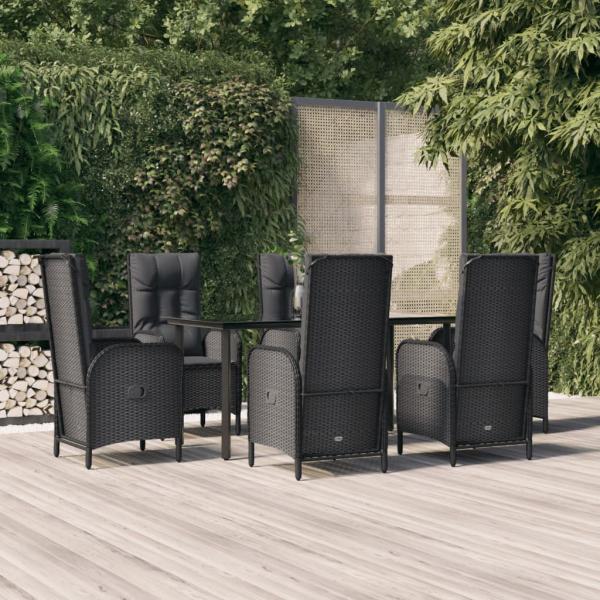ARDEBO.de - 7-tlg. Garten-Essgruppe mit Kissen Schwarz Poly Rattan