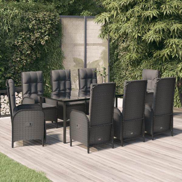 ARDEBO.de - 9-tlg. Garten-Essgruppe mit Kissen Schwarz Poly Rattan