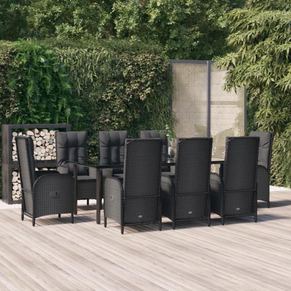 ARDEBO.de - 9-tlg. Garten-Essgruppe mit Kissen Schwarz Poly Rattan