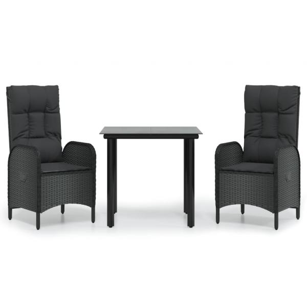ARDEBO.de - 3-tlg. Garten-Essgruppe mit Kissen Schwarz Poly Rattan