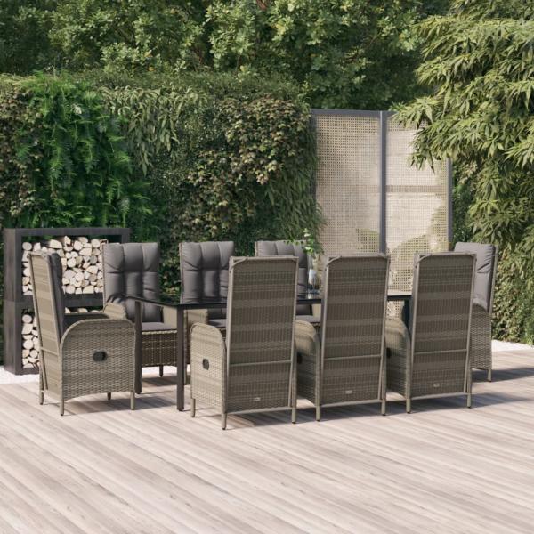 ARDEBO.de - 9-tlg. Garten-Essgruppe mit Kissen Schwarz und Grau Poly Rattan