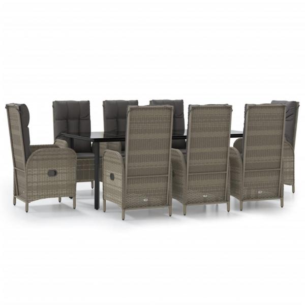 9-tlg. Garten-Essgruppe mit Kissen Schwarz und Grau Poly Rattan