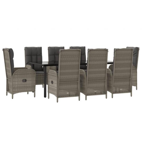 9-tlg. Garten-Essgruppe mit Kissen Schwarz und Grau Poly Rattan
