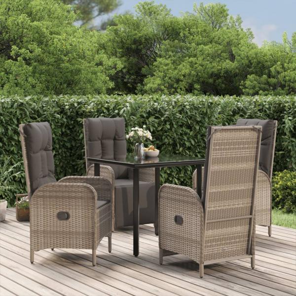 ARDEBO.de - 5-tlg. Garten-Essgruppe mit Kissen Schwarz und Grau Poly Rattan