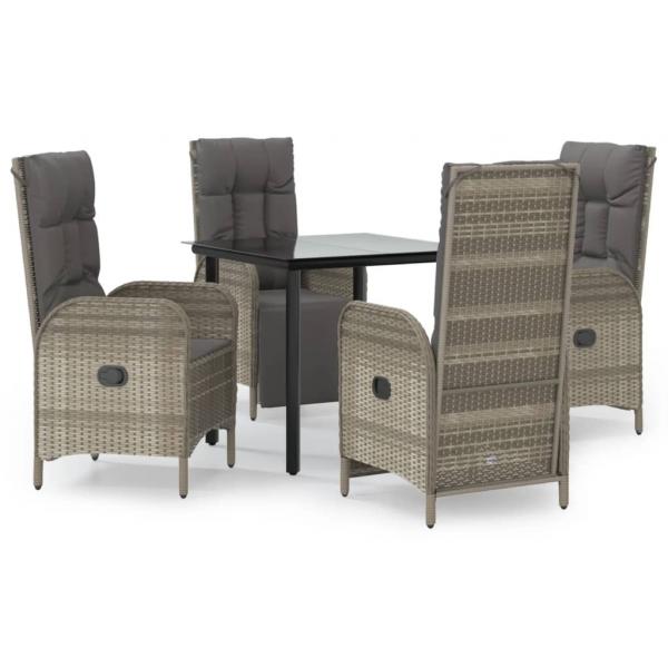 5-tlg. Garten-Essgruppe mit Kissen Schwarz und Grau Poly Rattan