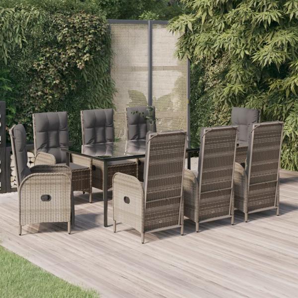 ARDEBO.de - 9-tlg. Garten-Essgruppe mit Kissen Schwarz und Grau Poly Rattan