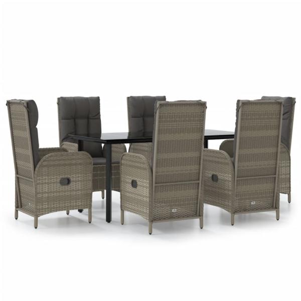 7-tlg. Garten-Essgruppe mit Kissen Schwarz und Grau Poly Rattan