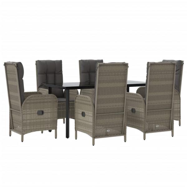 7-tlg. Garten-Essgruppe mit Kissen Schwarz und Grau Poly Rattan