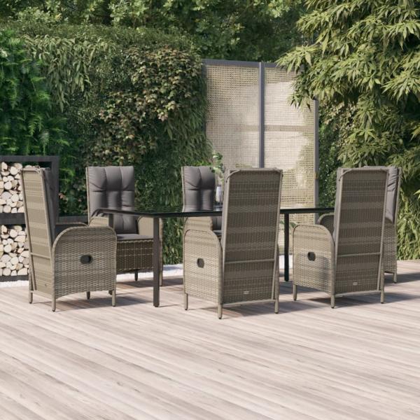 ARDEBO.de - 7-tlg. Garten-Essgruppe mit Kissen Schwarz und Grau Poly Rattan