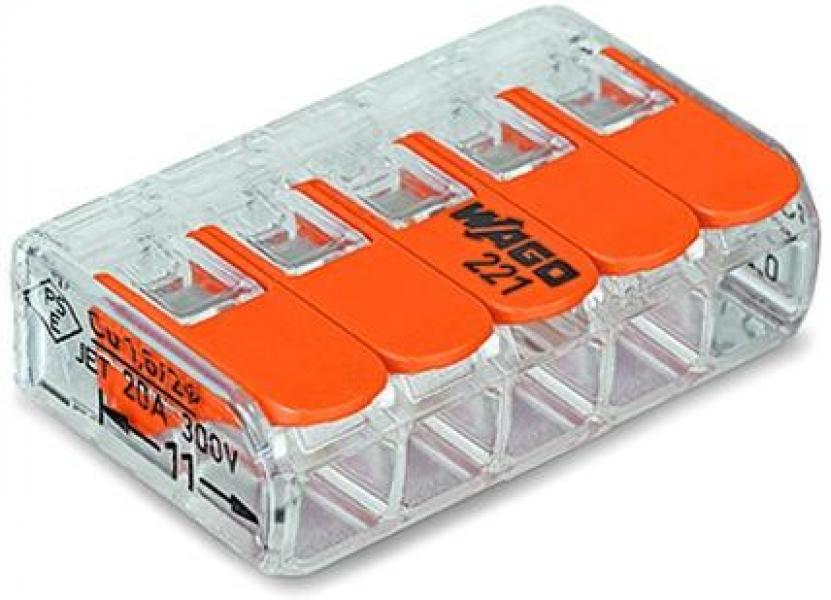ARDEBO.de Wago 221-415 Compact-Verbindungsklemmen, 5 Klemmstellen, transparent