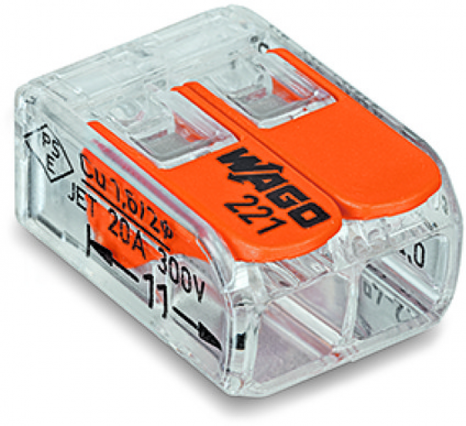 ARDEBO.de Wago 221-412 Compact-Verbindungsklemme, 2 Klemmstellen, transparent (Inhalt: 100 Stk.)