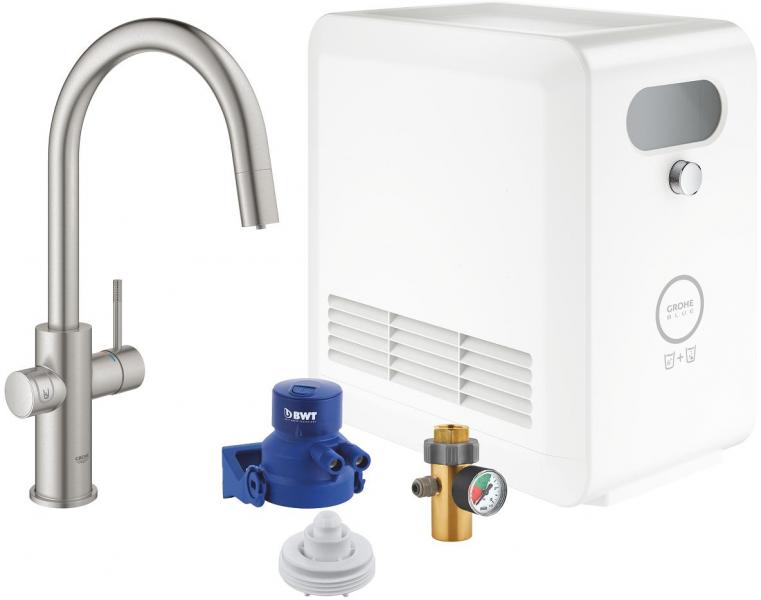 ARDEBO.de GROHE Blue Professional Set, C-Auslauf, Bluetooth/WIFI, herausziehbarer Mousseurauslauf, supersteel (31325DC2)
