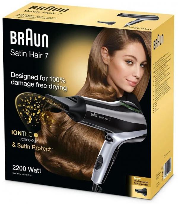 Braun Satin Hair 7 HD710 Haartrockner, 2200W, Iontec Technologie, Styling-Düse, schwarz/silber