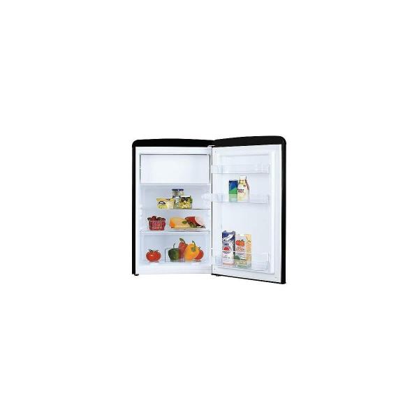 Amica KS 15614 S Retro-Kühlschrank, 55 cm breit, 87,5 cm hoch, 108 L, Automatische Abtauung, LED-Beleuchtung, Gefrierfach schwarz glanz