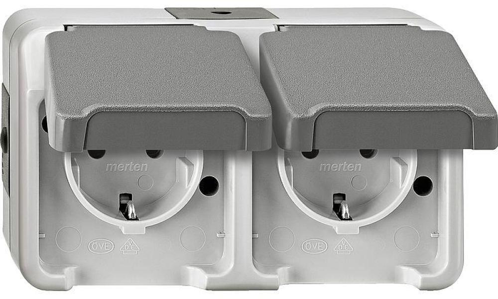 ARDEBO.de Merten SCHUKO-Doppel-Steckdose, Aquastar, 16 A, AC 250 V, waagerecht angeordnet, Berührungsschutz, lichtgrau, (MEG2320-80299