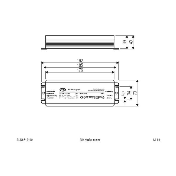 EVN Netzgerät 12V/DC - 32,4-100W - IP67 - Primär: 220-240V/AC dimmbar mit Phasenan- und Phasenabschnitt-Dimmer (SLD6712100)