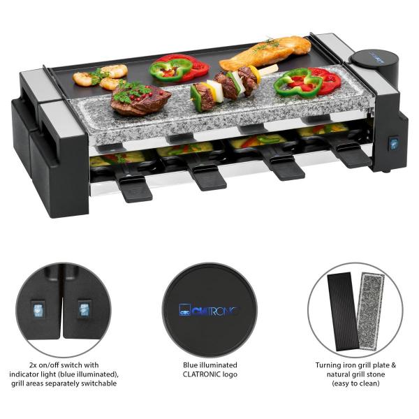 Clatronic RG 3678 Raclette Grill mit heißem Stein, 2x 600W, 8 Pfännchen, schwarz (263815)