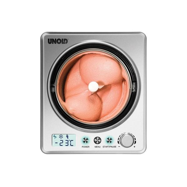 Unold 48872 Exklusiv Speiseeismaschine, 2 Liter, 180 Watt, 3 Programme, Zeitwahl, LCD-Display, Edelstahl