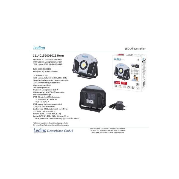 Ledino LED-Akkustrahler 15W Horn, m. Boxen, Bluetooth, silber (11140156001011)