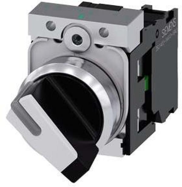 ARDEBO.de Siemens 3SU1150-2BF60-1BA0 Knebelschalter, beleuchtbar, 22 mm, rund, Metall, hochglanz, weiß, Knebel, kurz, 2 Schaltstellungen O-I, verrastend, Schaltwinkel 90°, 10:30h/13:30h, mit Halter, 1S, Schraubanschluss