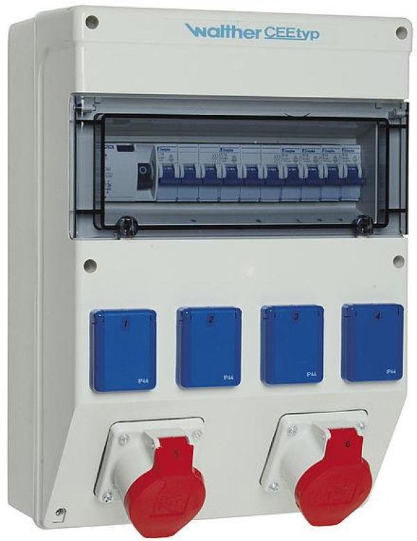 ARDEBO.de Walther Werke (6820211) Kunststoff-Steckdosenkombination in: 40A mit einem RCD TypA, 6 MCBs, 2 CEE-Abgänge 16A, 4 Schukos und Klemmsatz K25 10P