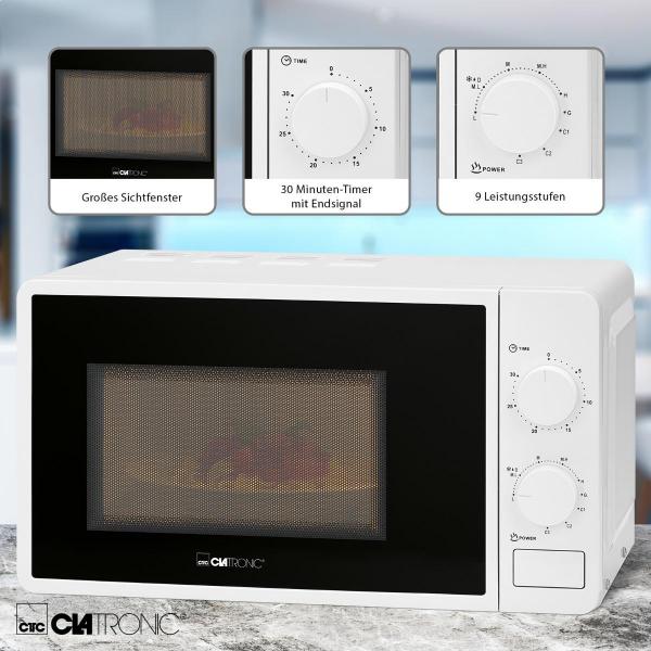 Clatronic MWG 792 Mikrowelle mit Grill, 800 Watt, 20 Liter Garraum, 30 Minuten-Timer, weiß
