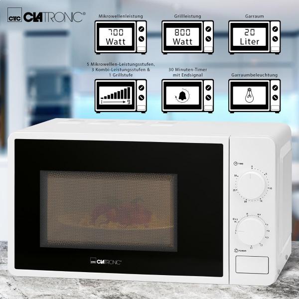 Clatronic MWG 792 Mikrowelle mit Grill, 800 Watt, 20 Liter Garraum, 30 Minuten-Timer, weiß