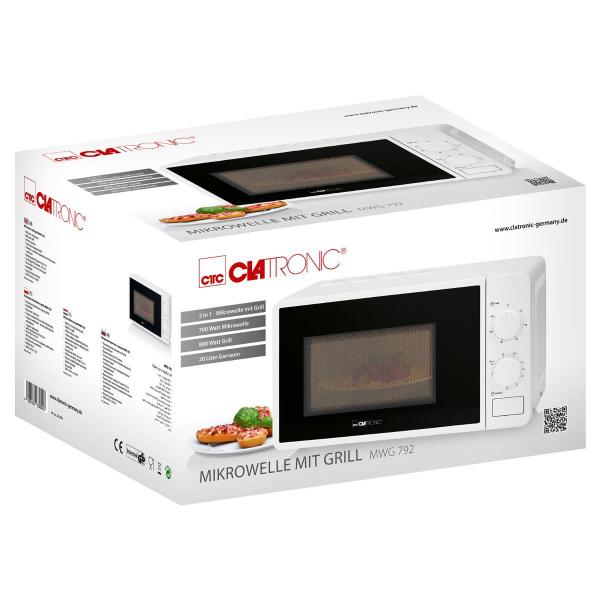 Clatronic MWG 792 Mikrowelle mit Grill, 800 Watt, 20 Liter Garraum, 30 Minuten-Timer, weiß