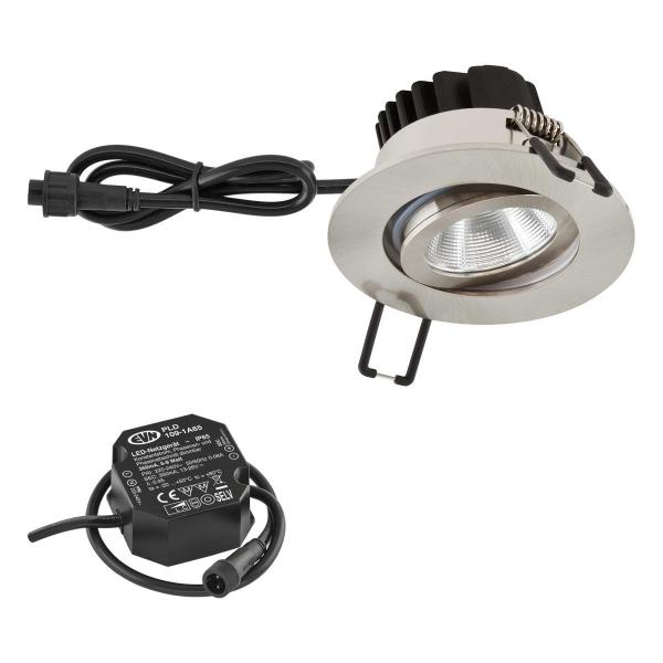 ARDEBO.de EVN PC65 LED Deckeneinbauleuchte, rund, schwenkbar, 8,4W, 3000K, 1010lm, IP65, 220-240V, Edelstahl-Optik (PC650N91302)